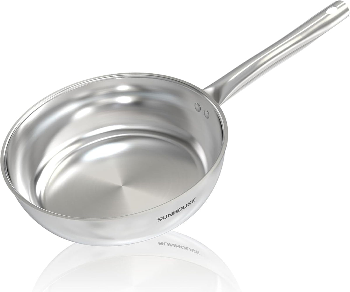Sunhouse 18/10 10 Inch Stainless Steel Frying Pan, Whole-Clad No Coatings Skillet with Stay-cool Handle for Cooking, Durable & Oven Safe to 500°F, Dishwasher Safe, Compatible with All Cooktops