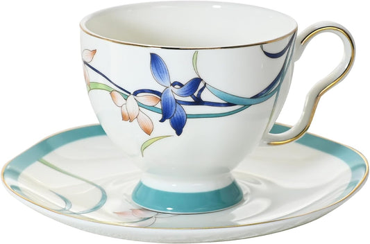 ACMLIFE Tea Cups and Saucers for 1, Bone China Teacup Set for Adults with Gold Trim and Gift Box, Blue and White Chinese