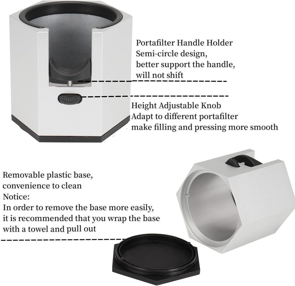 DIBTSA Espresso Tamping Station, Coffee Portafilter Holder, Aluminum Alloy Stand for Most 51mm, 53mm, 54mm, 58mm Coffee Portafilter (Hexagon,Silver)