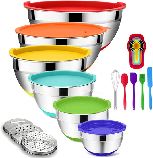 Mixing Bowls with Airtight Lids, 20PCS Stainless Steel Mixing Bowls Set, Nesting Bowls with 3 Grater Attachments & Non-Slip