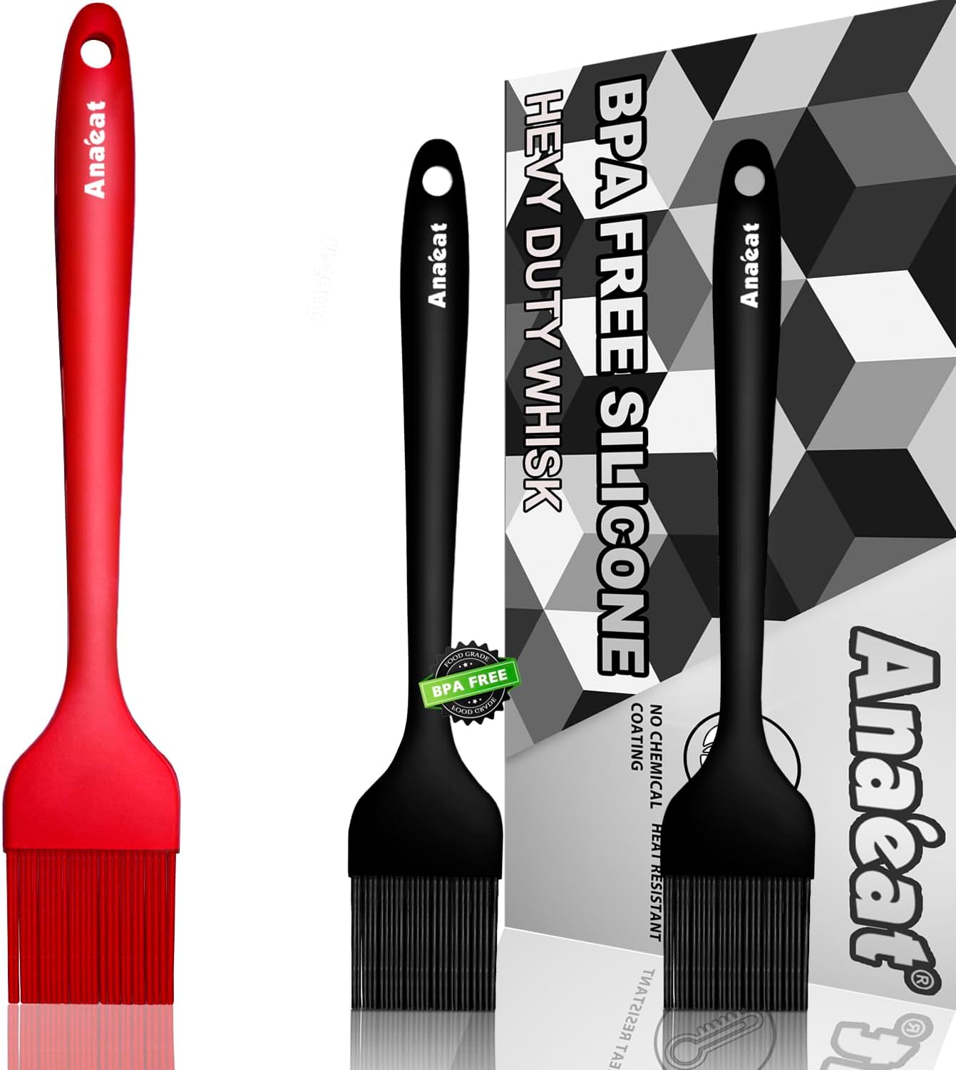 Anaeat High Heat Resistant Silicone Basting Pastry Brush Set of 3- Hygienic One-Pieces Design Spread Oil Butter for BBQ Grill Barbecue Baking Kitchen Cooking - BPA Free &amp; Dishwasher Safe (10"+8.2")