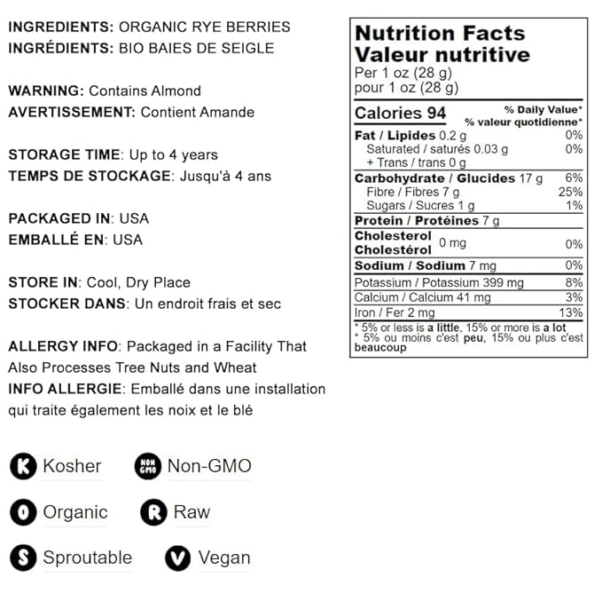 Food to Live Organic Rye Berries, 25 Pounds – Non-GMO, Kosher, Raw, Bulk Seeds, Product of the USA