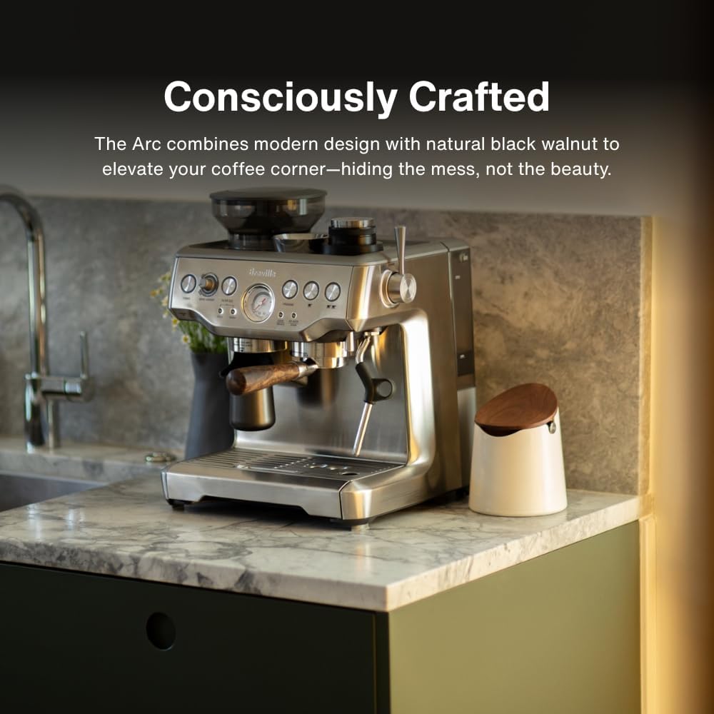 CREMA Coffee Products Arc Knock Box | Holds 12–16 Espresso Pucks | Durable Stain Resistant Build with Non Slip Base | Easy Clean Up Moisture Control | White Base &amp; Walnut Plastic Lid