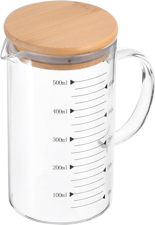 PATIKIL 500ml Glass Measuring Cup, 3.3 Borosilicate Glass Graduated Black Printed Scale Liquid Measure Cups Beaker with Wood
