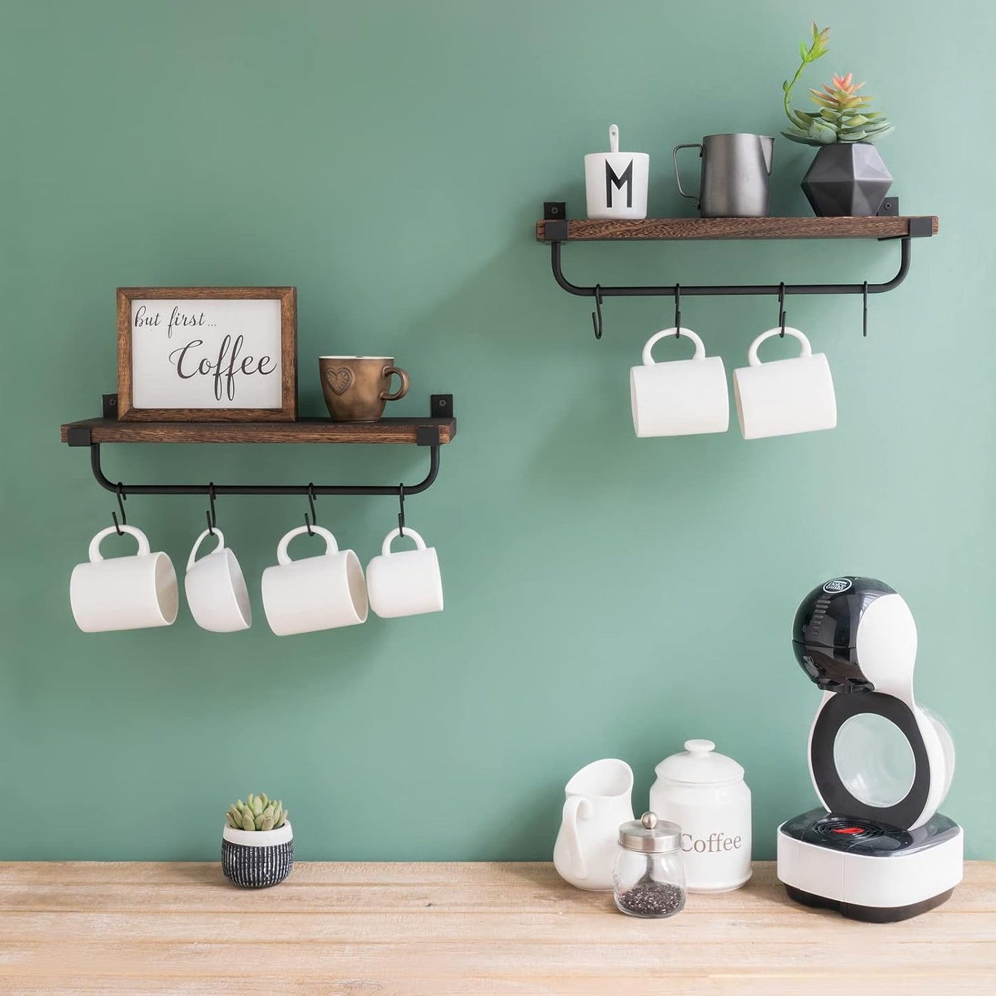 Mkono Coffee Bar Shelves, Wall Mounted Rustic Mug Rack with Hooks, 2 Pack