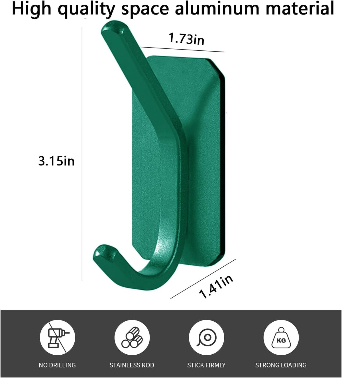 Paoli Heavy Duty Adhesive Wall Hooks, 30 lb Max Load Waterproof Hooks for Bathroom Towels Coats Bags, No Drill Damage-Free for Renters Apartment Dorm, Matte Emerald, 4 Pack