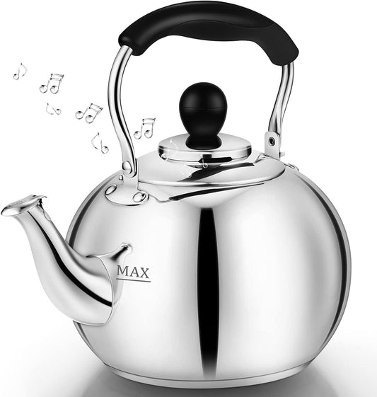 Stovetop Tea Kettle with Whistle - 2.0 Quart 18/8 Stainless Steel Tea Pot for Gas Stove &amp; Electric Coil Stovetop, Food-Safe, Easy-Pour Spout, Mirror Polished Classic Water Kettle