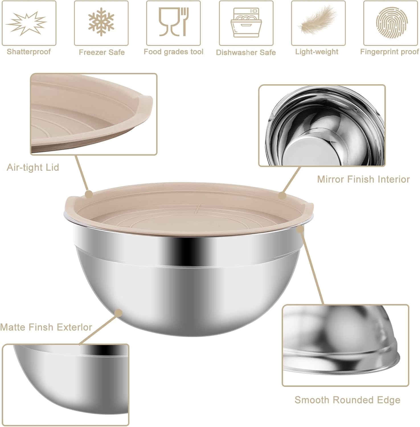 Mixing Bowls Set, 27PCS Khaki Mixing Bowls With Lids Set Stainless Steel Kitchen Large Nesting Metal Bowl 7QT to 1.5QT,