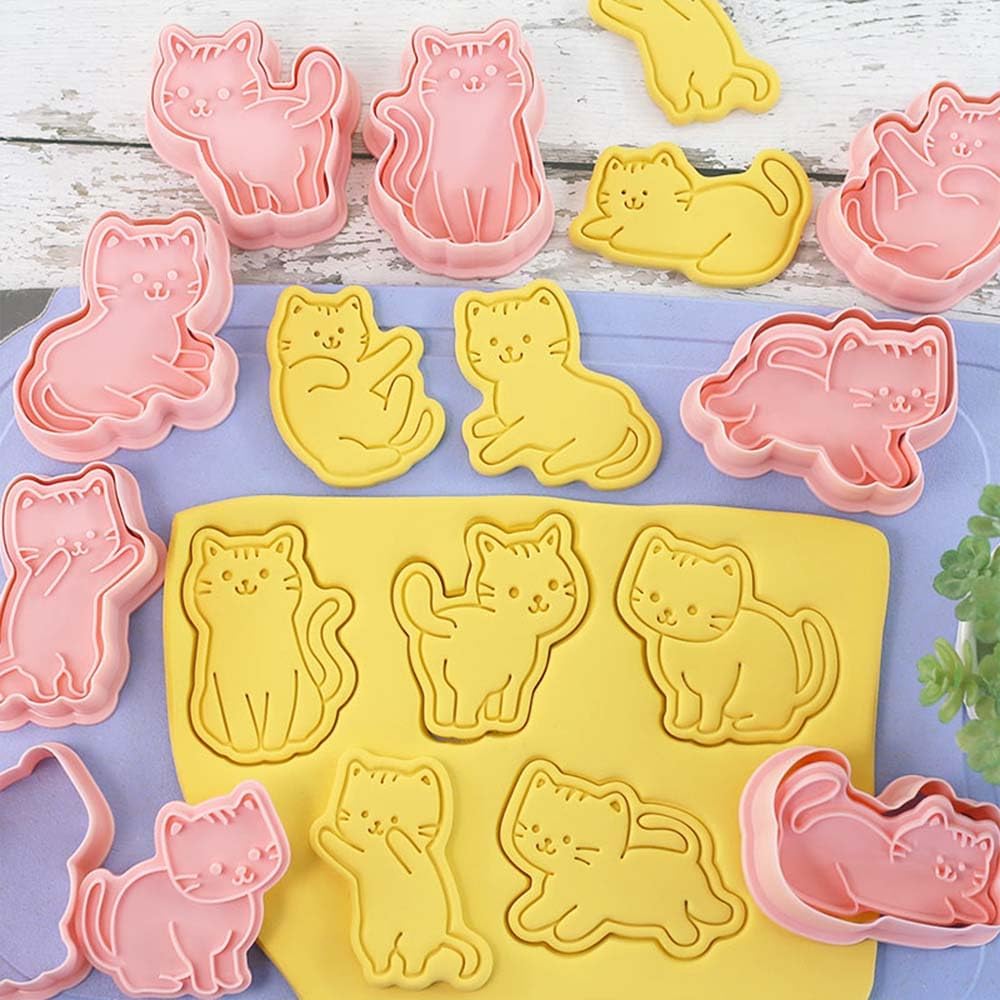 8 pcs Cat Cookie Cutters Set, 3D Cute Kitty Cookie Stamps | Cupcake Pancake Apple Pie Pastry Biscuit Molds, Fruit, Sandwich Cutter, Cookie Baking Molds for Cat Party Decorations