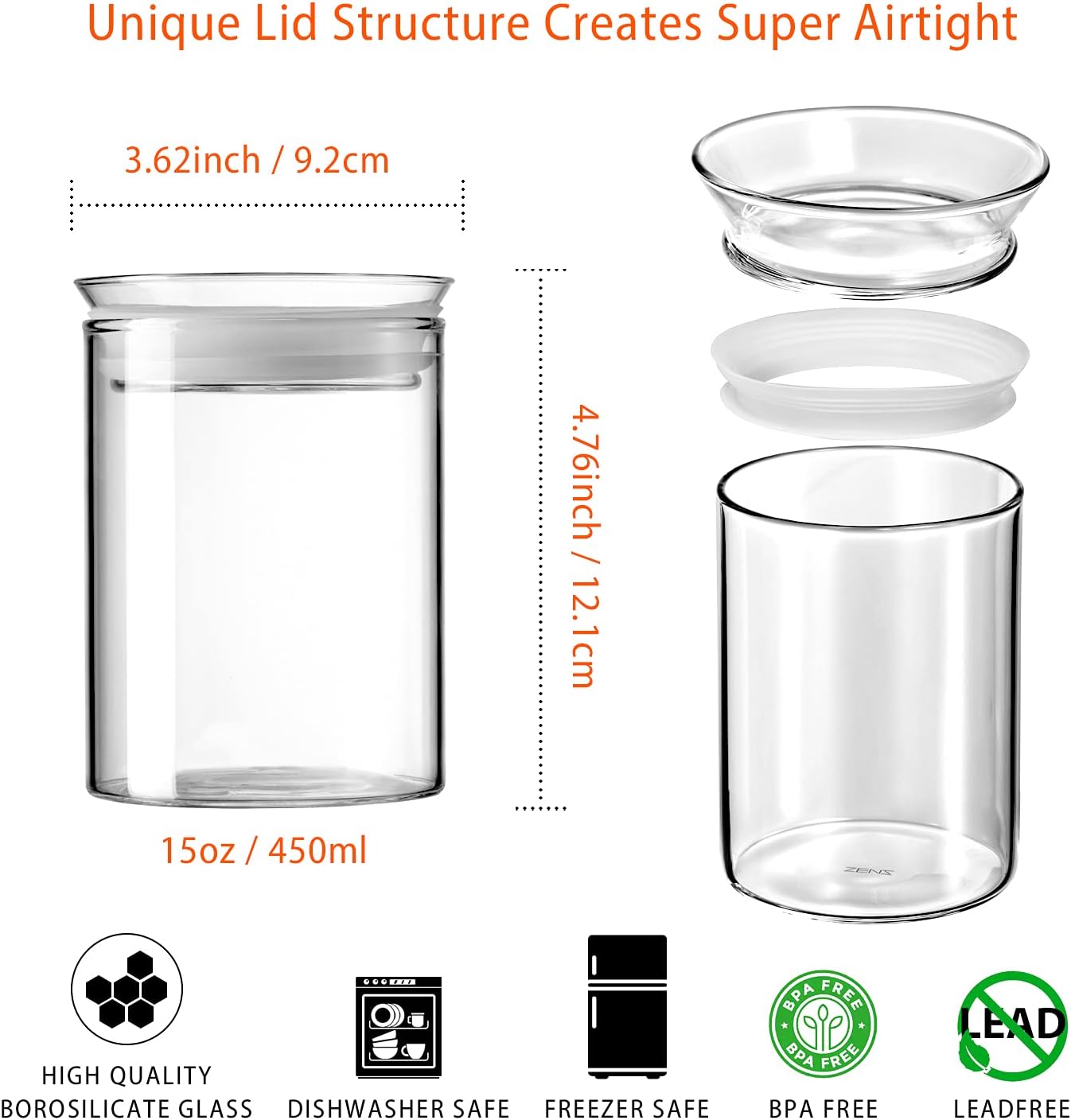 ZENS 15oz Glass Jars with Airtight Lid, Set of 2 Small Glass Storage Jars