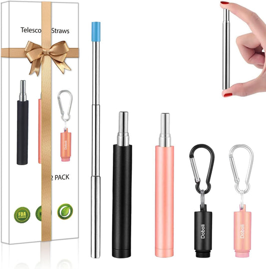 2 Pack Reusable Metal Straws Collapsible Stainless Steel Drinking Straw Travel Portable Telescopic Straw with Case for