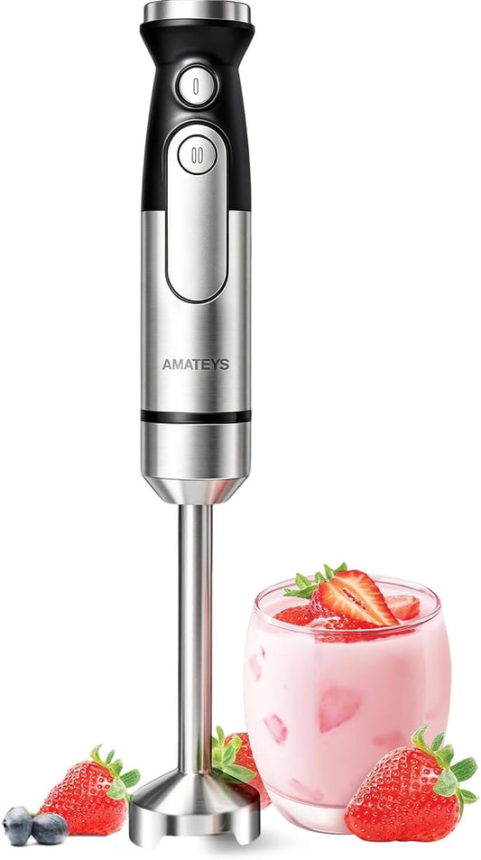 Amateys Handblender with Plug,Immersion Blender Handheld, Heavy-Duty Copper Motor, Detachable Stainless Blade Dishwasher Safe, 2 Modes with Pulse,Infinitely Variable Speed, Space-Saving Design