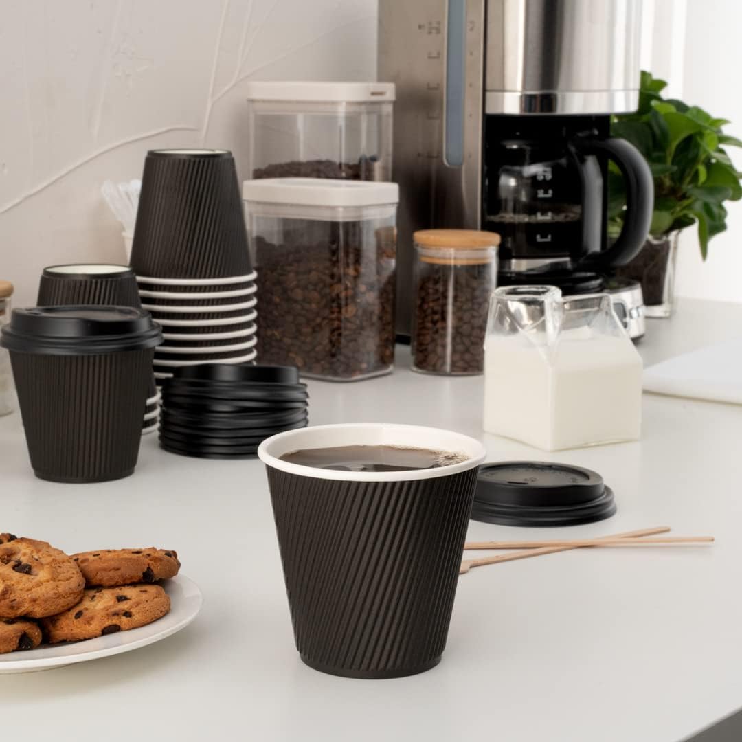 Restaurantware Ripple Wall Coffee Cups 25 Count 8 Ounce Insulated Black Paper Cups, Rolled Rim Spill-Resistant Disposable Paper Non-Slip for Coffee, Beverages