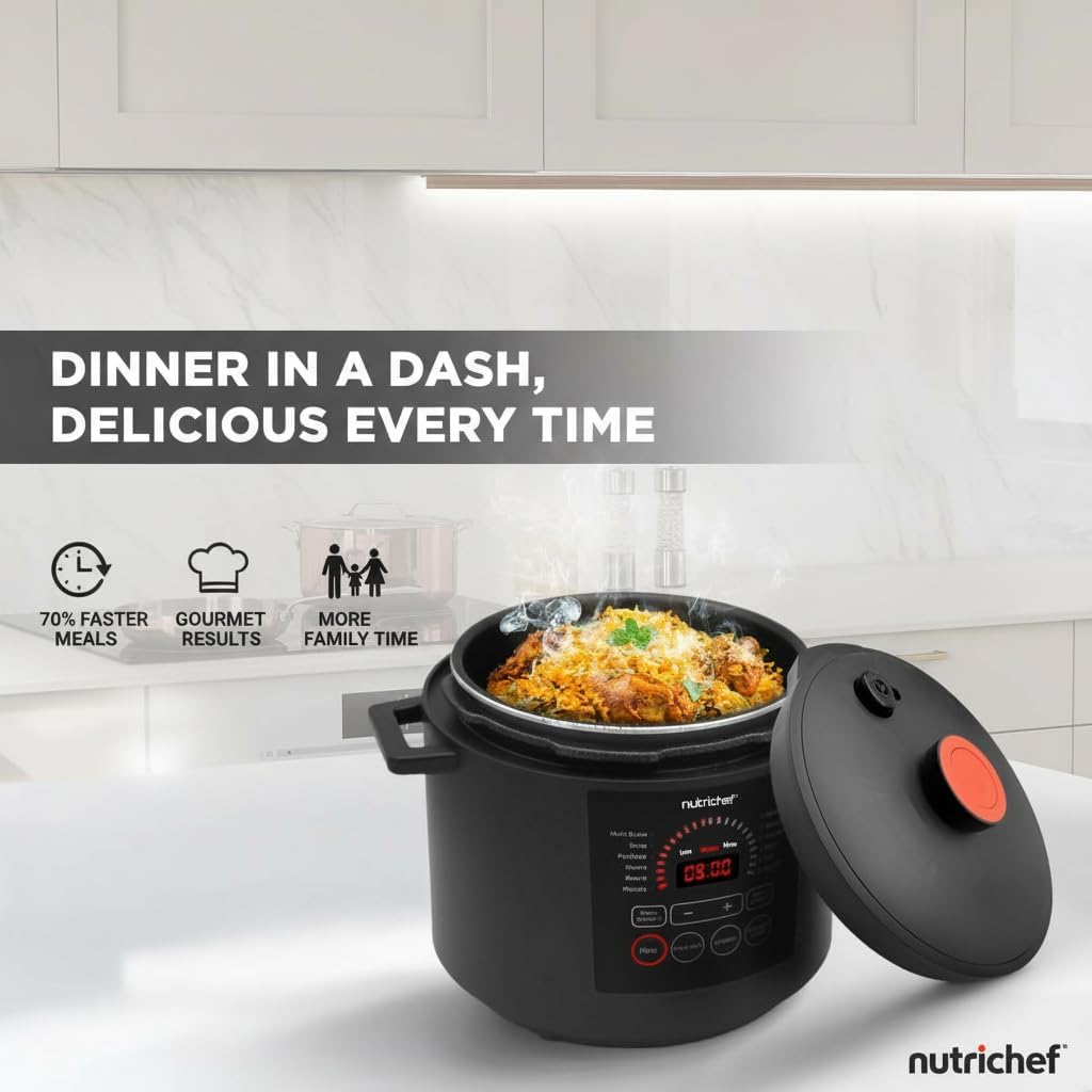 NutriChef Electric Pressure Cooker 6 Quart Capacity | 9 Function Digital Countertop Pressure Cooker | Adjustable Time & Temperature | Cook, Bake, Steam, & Braise | 13.1 x 11.4 IN | Black