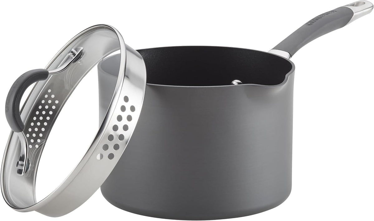 Circulon Radiance Hard-Anodized Nonstick Straining Saucepan, 3-Quart, Gray