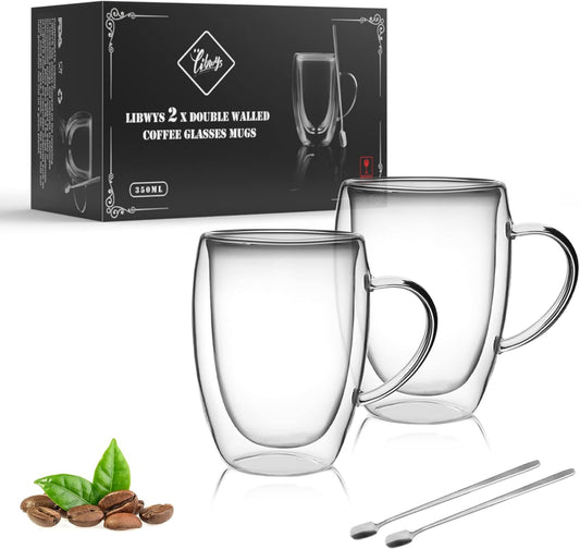 LIBWYS 2 Pack Double Walled Coffee Cups Glasses Mugs, 12oz Espresso Cappuccino Latte Tea Cups with Handle, Heat Resistant