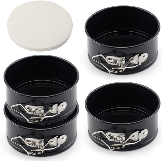 Tellshun 4 Pack Small Springform Cheesecakes Pan Tins Set 4 Inch Mini Baking Mold 4 Pieces Round Leakproof Nonstick Removable Bottom Bakeware for Pie Pizzas and Quiches Includes 50Pcs Parchment Paper