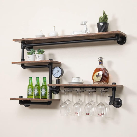 Industrial Pipe Shelves Wine Rack Wall Mounted with 4 Stem Glass Holder,Bar Shelves 39in Metal Hanging Wine Rack, Rustic