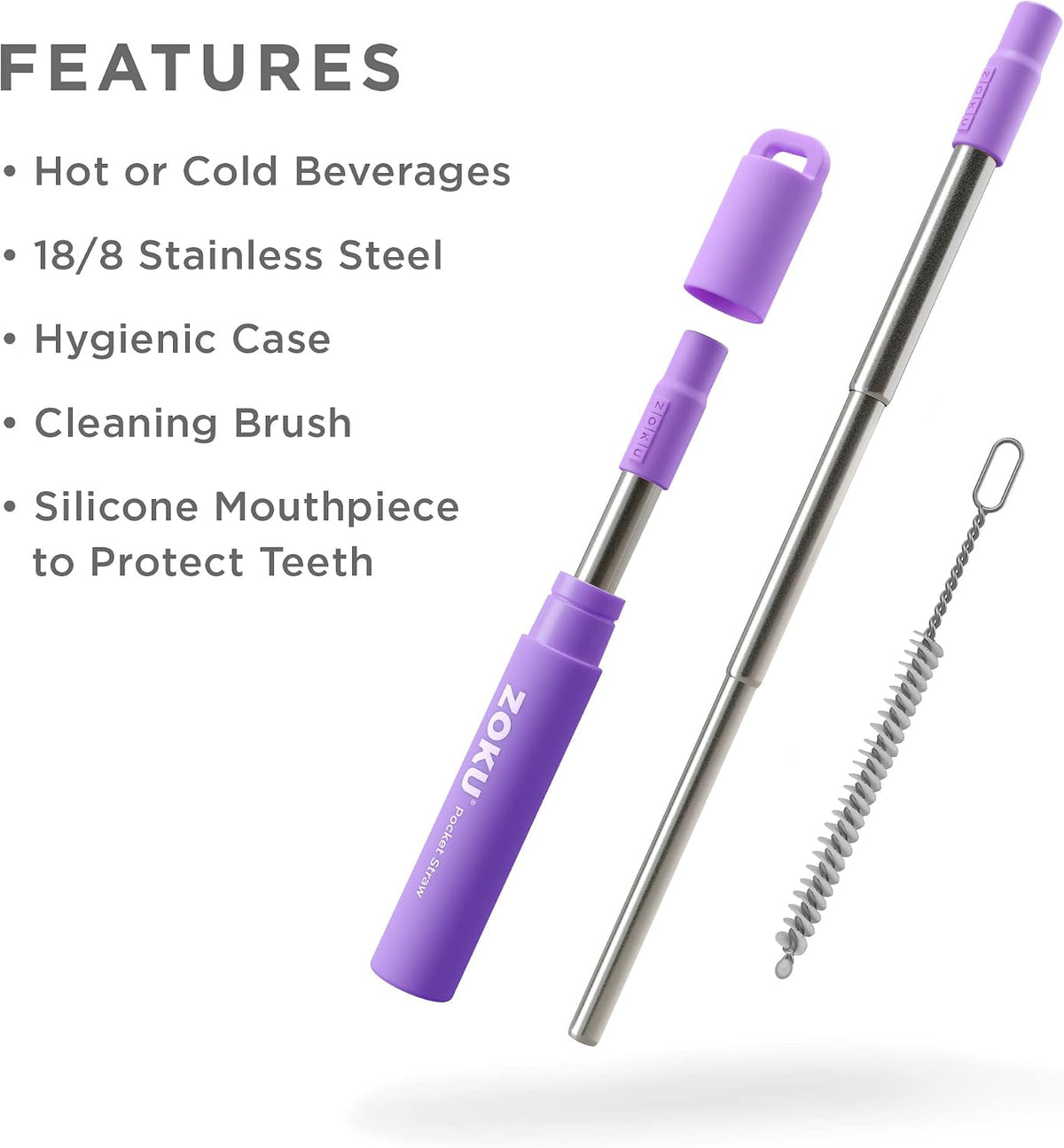 ZOKU Reusable Metal Straw with Case for Travel, Purple - Collapsible Stainless Steel Drinking Straw with Silicone Tip and Cleaner Brush, Ideal for Key Chains, Pockets, Purses | Collapsible Stainless Steel Drinking Straw with Silicone Tip and Cleaner Brush