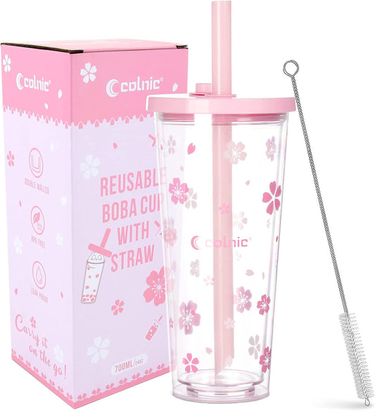 Reusable Plastic Boba Cup With Lids And Straws, 24Oz/700ml Smoothie Cups, Iced Coffee Cup, Leakproof Kawaii Cup, Boba