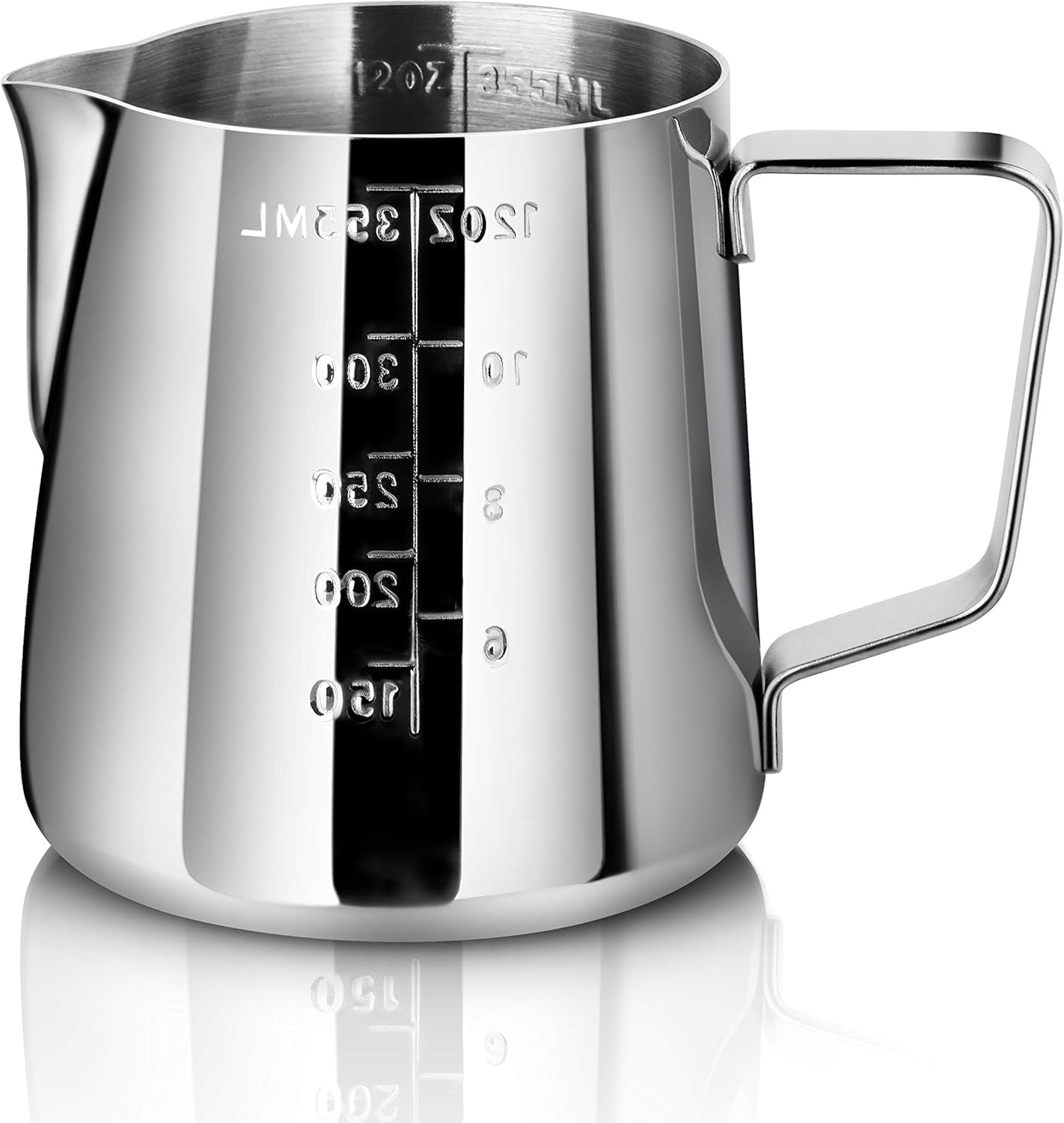 New Star Foodservice 28805 Stainless Steel Frothing Pitcher, 12 oz Espresso Milk Steaming Cup with Measurement Scale, Commercial Grade 18/8 Barista Pitcher for Lattes, Cappuccinos, Coffee, Silver