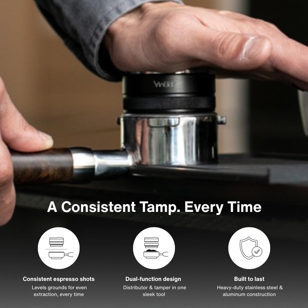 CREMA Coffee Products 58.5mm Hand Tamper &amp; Distributor | Compatible with any 58mm | Double-Sided, Adjustable Depth Tool | Made with Durable 304 Stainless Steel | Black