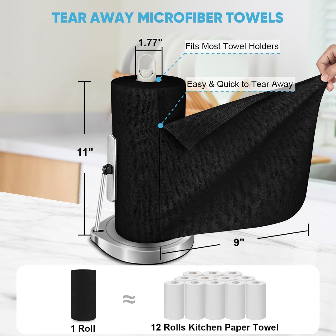 AIDEA Microfiber Cleaning Cloth 330 Sheets 6 Roll, Black Paper Towels 11×9"