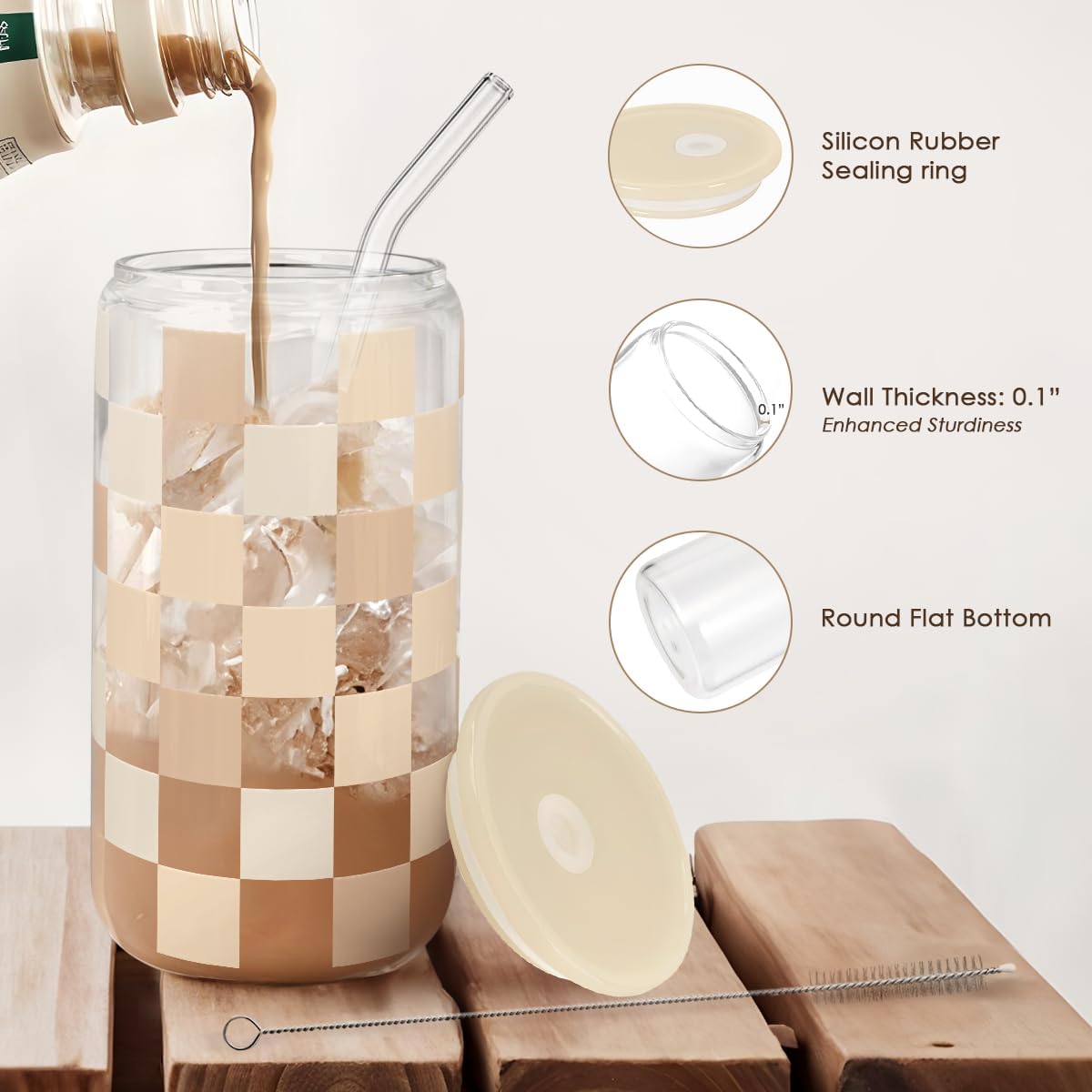 SANDJEST Checkerboard Glass Can, Beige Checker Cup with Lid &amp; Straw, Iced Coffee Aesthetic Cups, Gift for Christmas Birthday Mother Day, Gifts for Women, 16oz