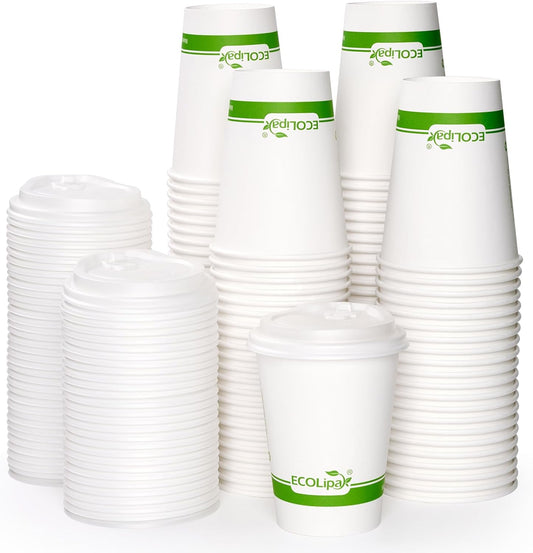 ECOLipak 100 Count 12 oz Compostable Paper Coffee Cups, Biodegradable Disposable Coffee Cups with CPLA Lid, Eco-friendly Hot