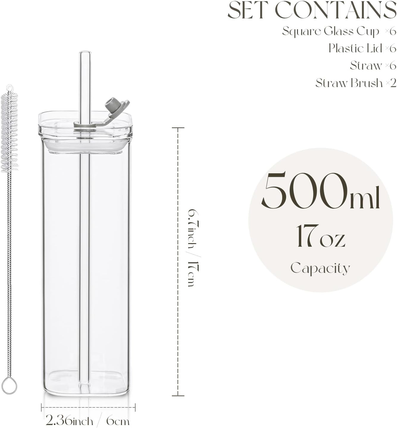 KEMORELA 6 Sets Square Drinking Glass Cups, Old Fashioned Glasses, 17 Oz Square Glasses, Clear Highball Modern Glassware Tumbler Mixed Drinkware with Straws for Cocktail Coffee Juice(Square-6PCS)