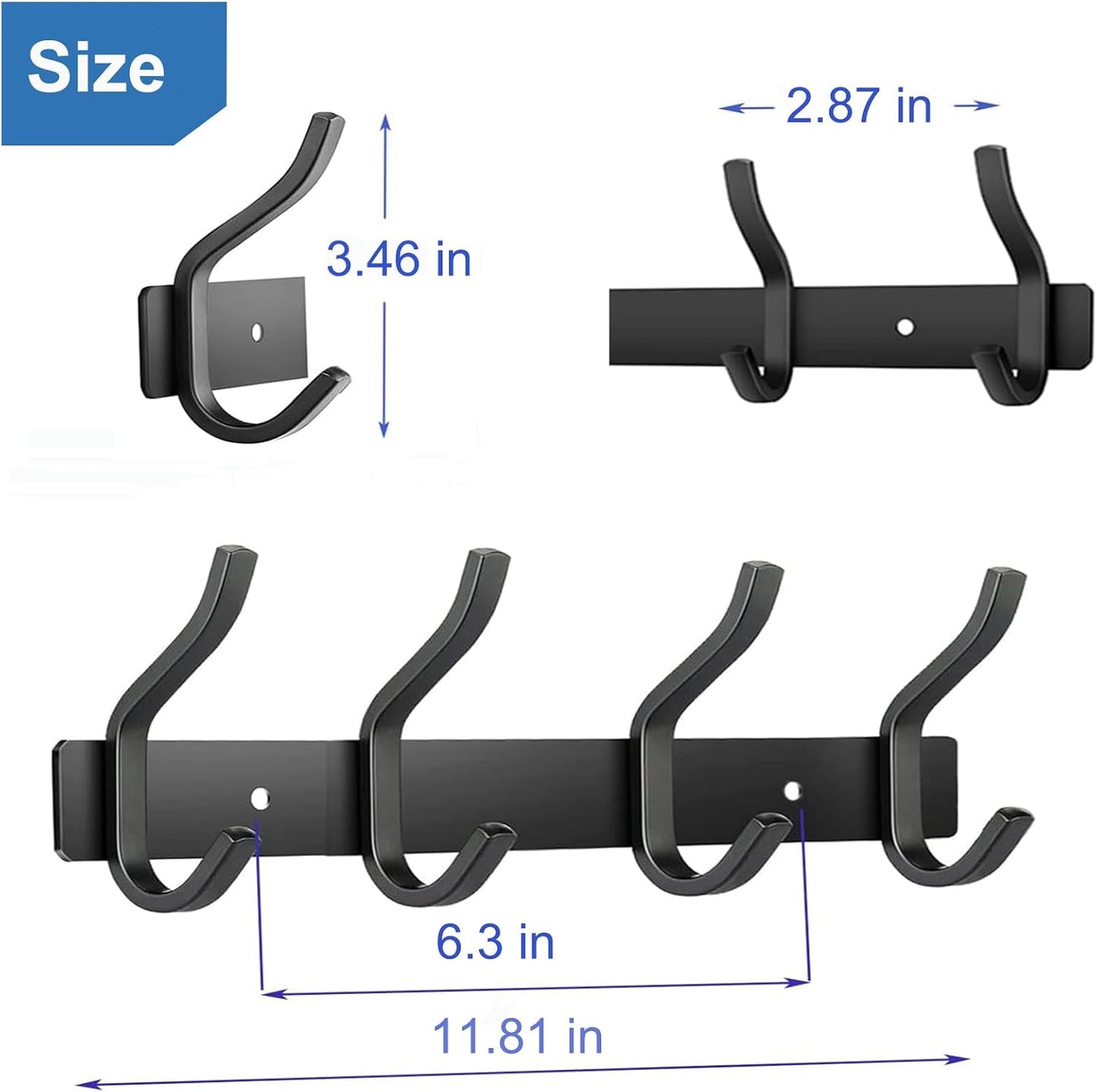 2 Pack Coat Rack Wall Mount, 12 Inch Wall Hooks with 4 Hooks, Black