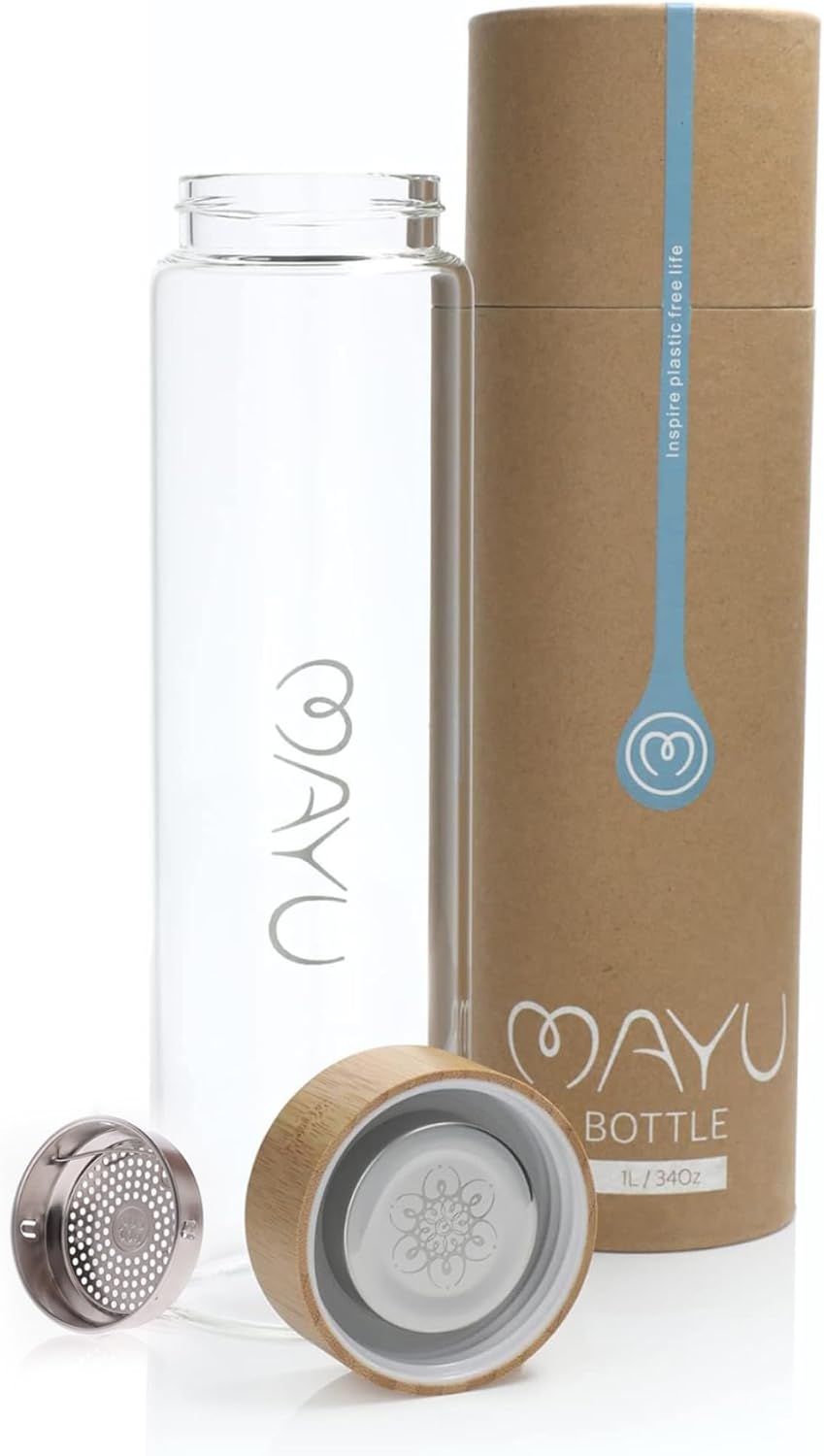 mayu, Pure Glass Reusable Water Bottle w/Bamboo Lid (1 Liter), 100% Grade-A Borosilicate Glass, Modern Minimalist Design, Leak Proof, Eco Friendly, Great for Outdoor &amp; Everyday Use, Dishwasher Safe