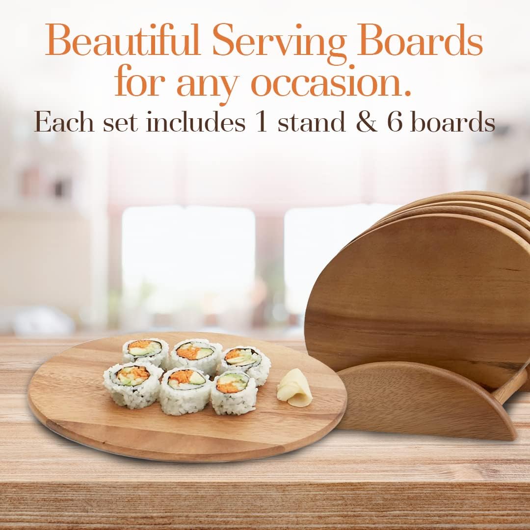 Woodard &amp; Charles Acacia Wood 6 Serving Boards with Stand, 7 Piece Set