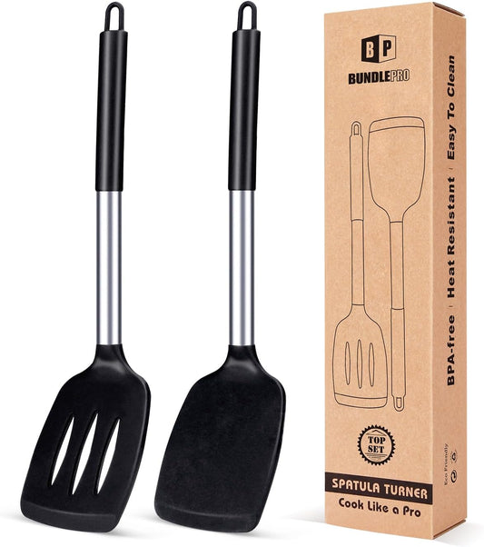 Pack of 2 Silicone Solid Turner, Non Stick Slotted Kitchen Spatulas, High Heat Resistant BPA Free Cooking Utensils, Ideal