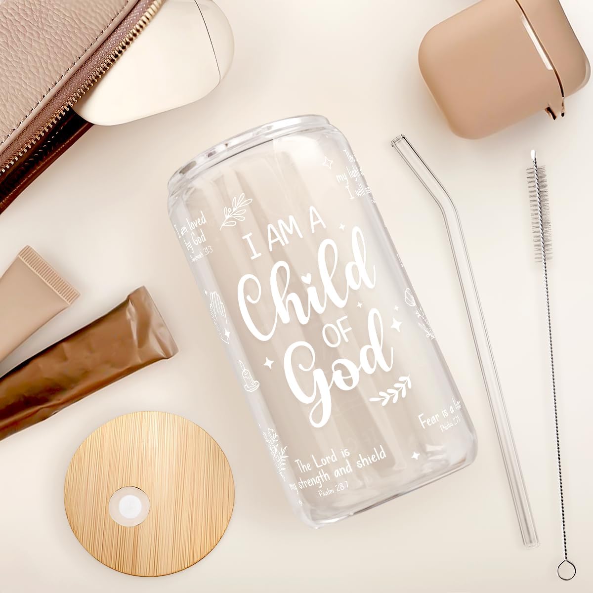 SANDJEST Christian Glass Can, I am Child of God Cup with Lid &amp; Straw, Iced Coffee Aesthetic Cups, Idea Gift for Christmas Birthday, Gifts for Women, 16oz
