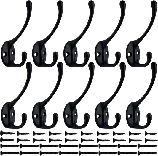 IBosins 10 Pack Heavy Duty Dual Coat Hooks Wall Mounted with 40 Screws Retro Double Hooks Utility Black No Rust Hooks for