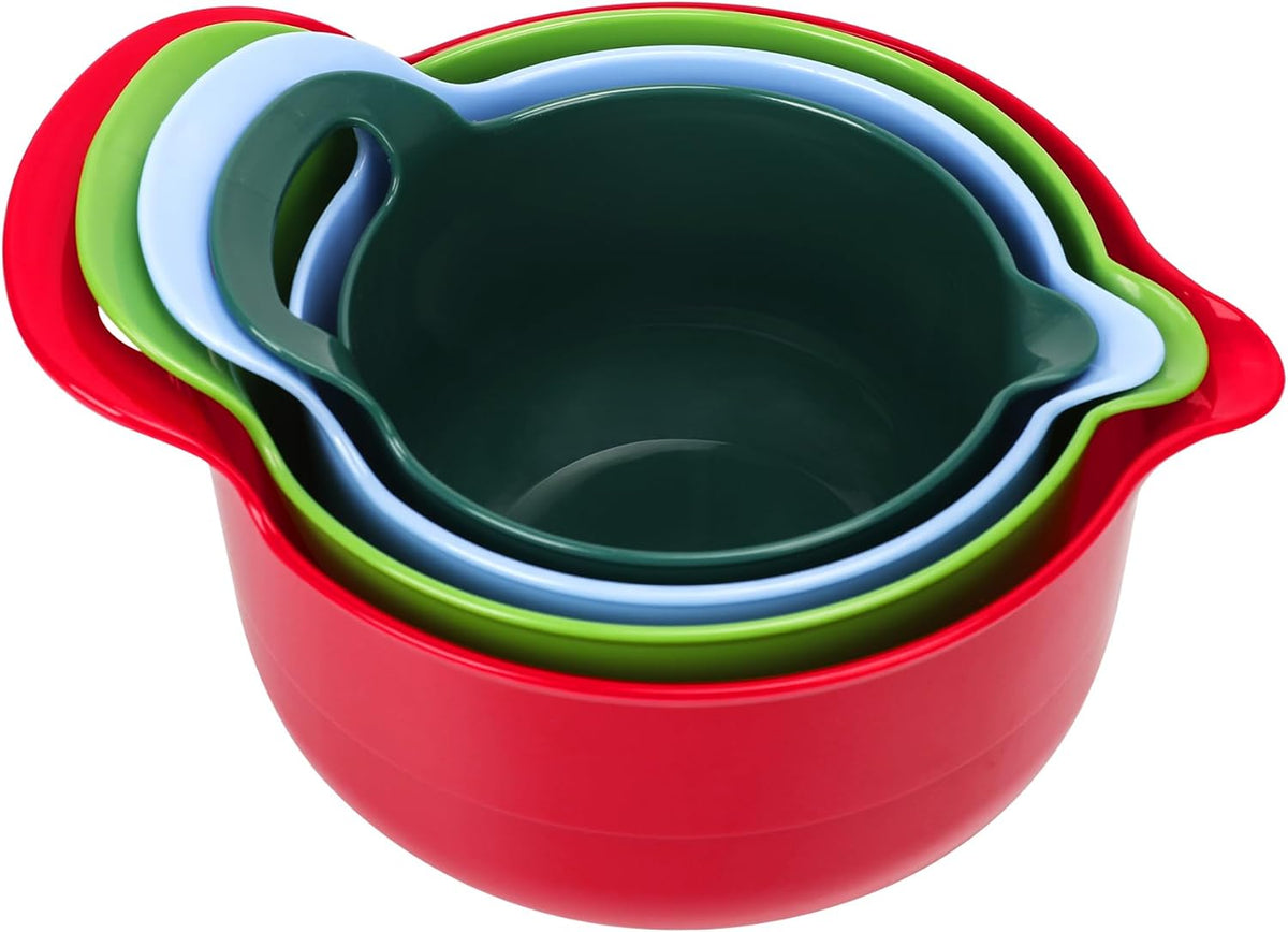 BoxedHome 4 Pack Nesting Mixing Bowl Christmas Set with Pour Spout and Handle, BPA free Microwave &amp; Dishwasher Safe(Christmas colours, 4 Pack with Handle)