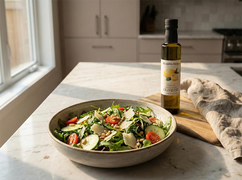 Blazing Bella Lemon Infused Extra Virgin Olive Oil – Bright Meyer Lemon Flavor, Cold Pressed California Olive Oil, Perfect for Salads, Seafood, and Finishing – 8.45 fl oz (250ml)
