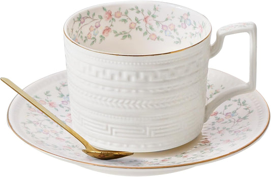 8.8 oz Cappuccino Cups with Saucers and Spoons,Embossed Bone China tea cups and Saucer Sets,3 Pieces, Vintage Style,Coffee