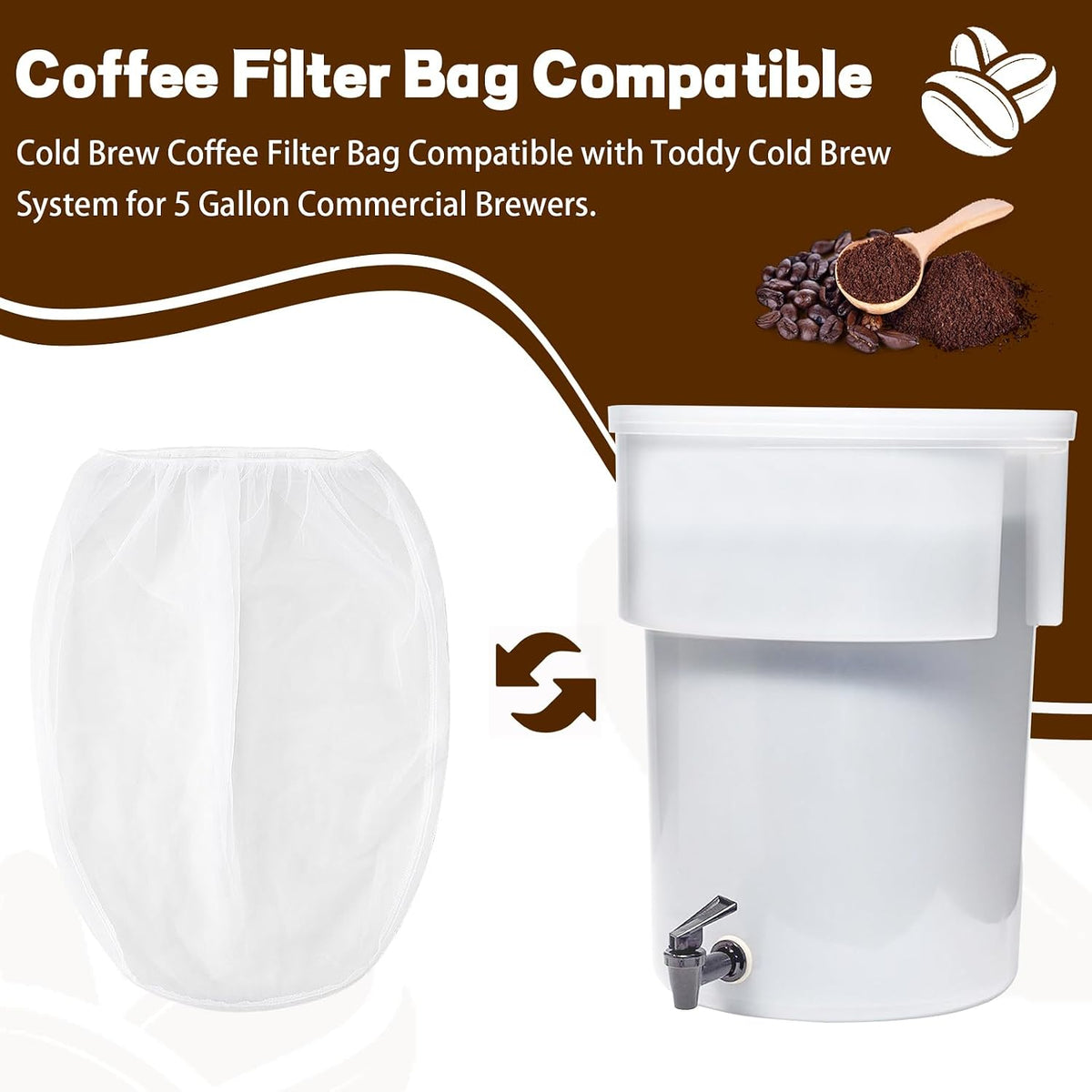 Alocs Cold Brew Coffee Filter Bag Compatible with Toddy Cold Brew System for 5 Gallon Commercial Brewers, Filter Bag for Coffee Grounds &amp; Ice Tea - Quick Drain, Washable &amp; Reusable (2 Pack)