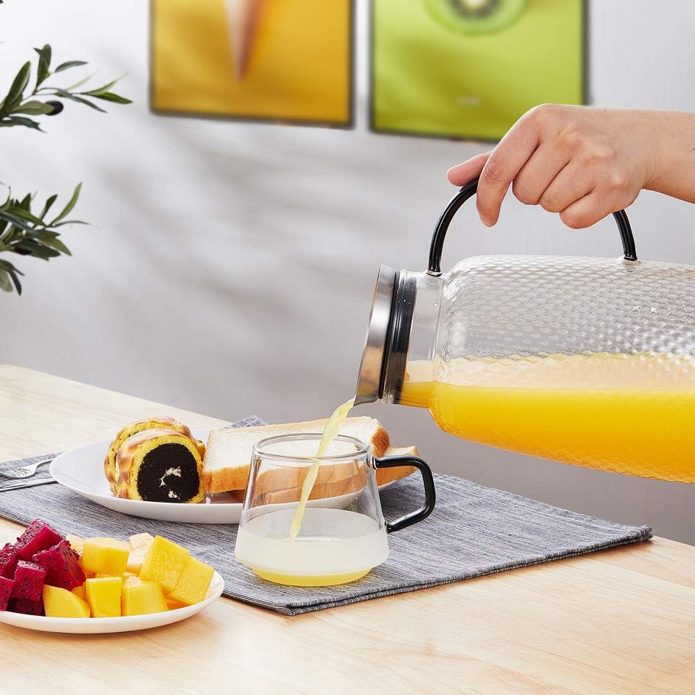 Purefold Pitcher with Lid, Glass Jug with Stainless Steel Lid for Hot and Cold Water, Fruit Tea, Coffee Maker, Ice Tea, Juice, Pineapple Series (Clear, 80 oz) | Fruit tea, coffee, iced tea, juice jug. Leakproof, dishwasher safe. BPA free Pineapple Series
