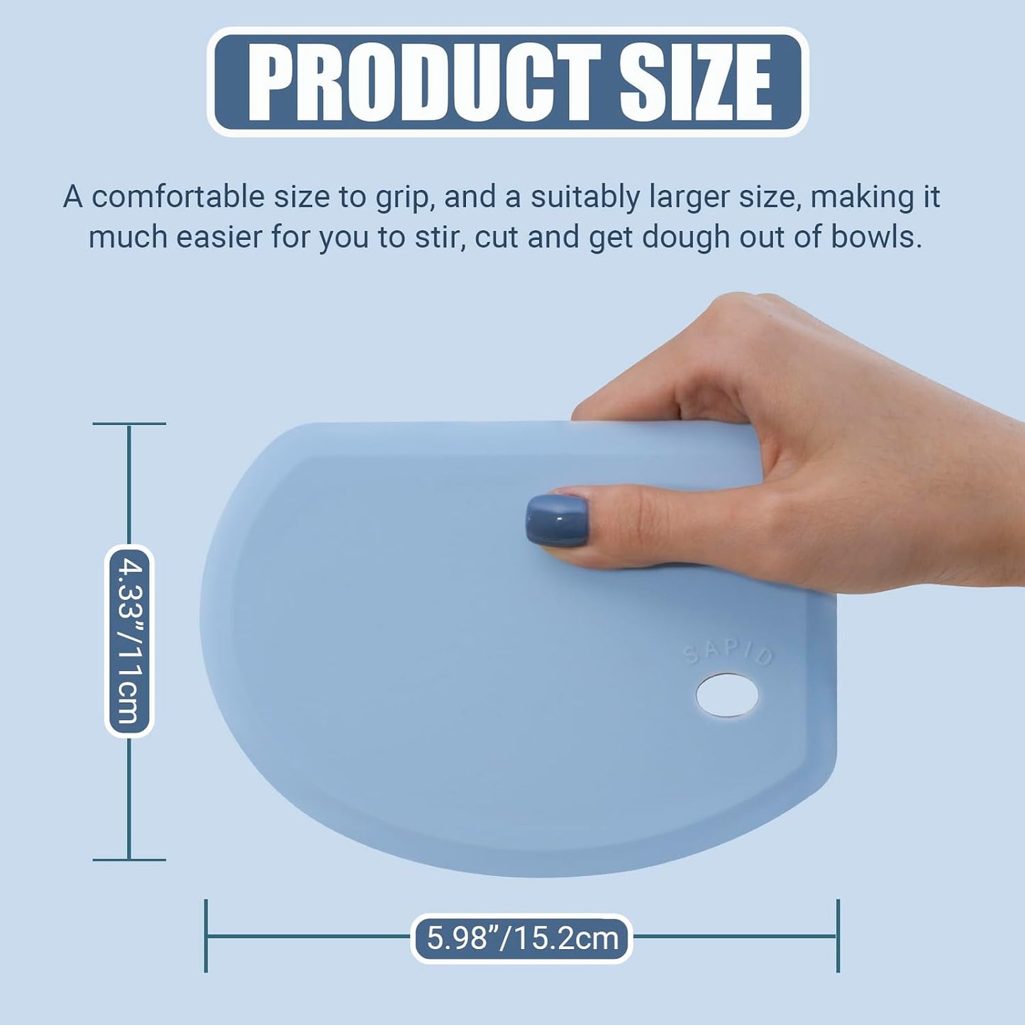 Silicone Dough Scraper with Metal Core Flexible Bowl Scraper Bread Baking | With Stainless Steel Sheet, Curved Edge Food Grade Silicone Bench Scraper for Sourdough Bread, 5.98" x 4.3" , Blue , SAPID