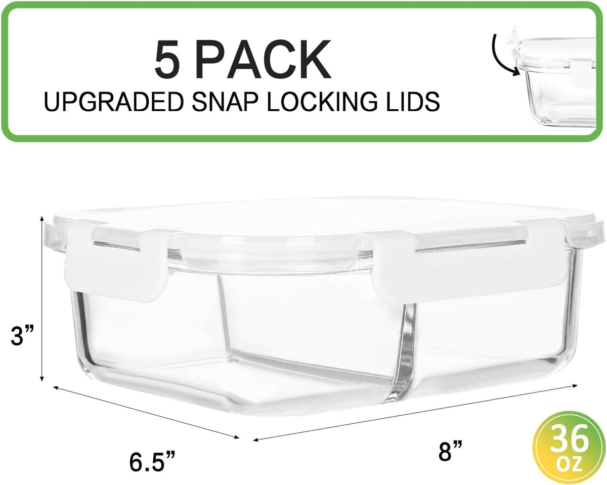 M MCIRCO 5 Pack,36 oz, 2 Compartments Glass Meal Prep Containers with Lids