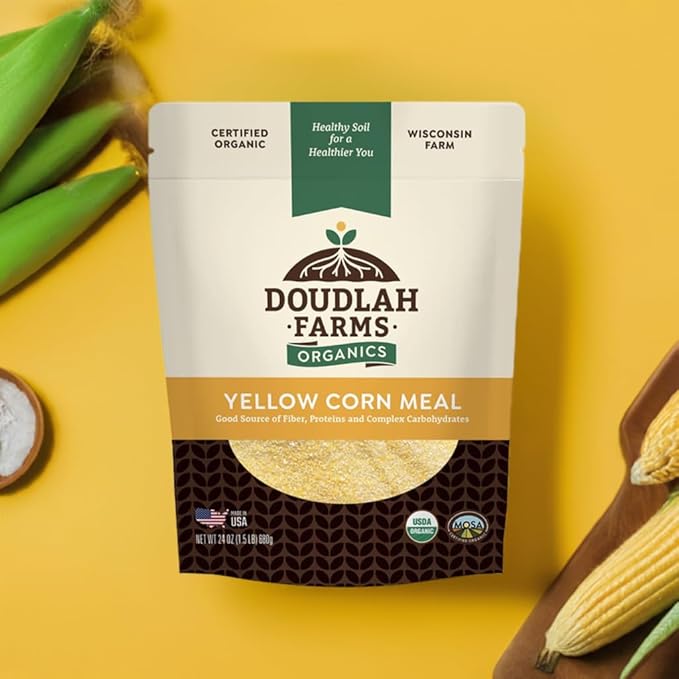 Organic Yellow Cornmeal 1.5 lb Fine Grind - Non-GMO, Gluten-Free, Sugar-Free, Farmed From Regenerative Soil, Vegan, Grown In USA, For Baking Cornbread, Muffins, Pancakes, and More by Doudlah Farms