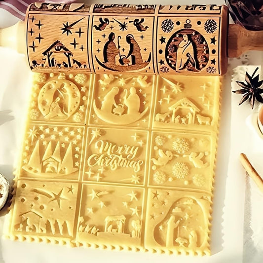 Christmas Wooden Rolling Pin for Baking,Engraved Embossing Rolling Pin Cookie Stamps Roller Square Grid Cookies Mold Kitchen