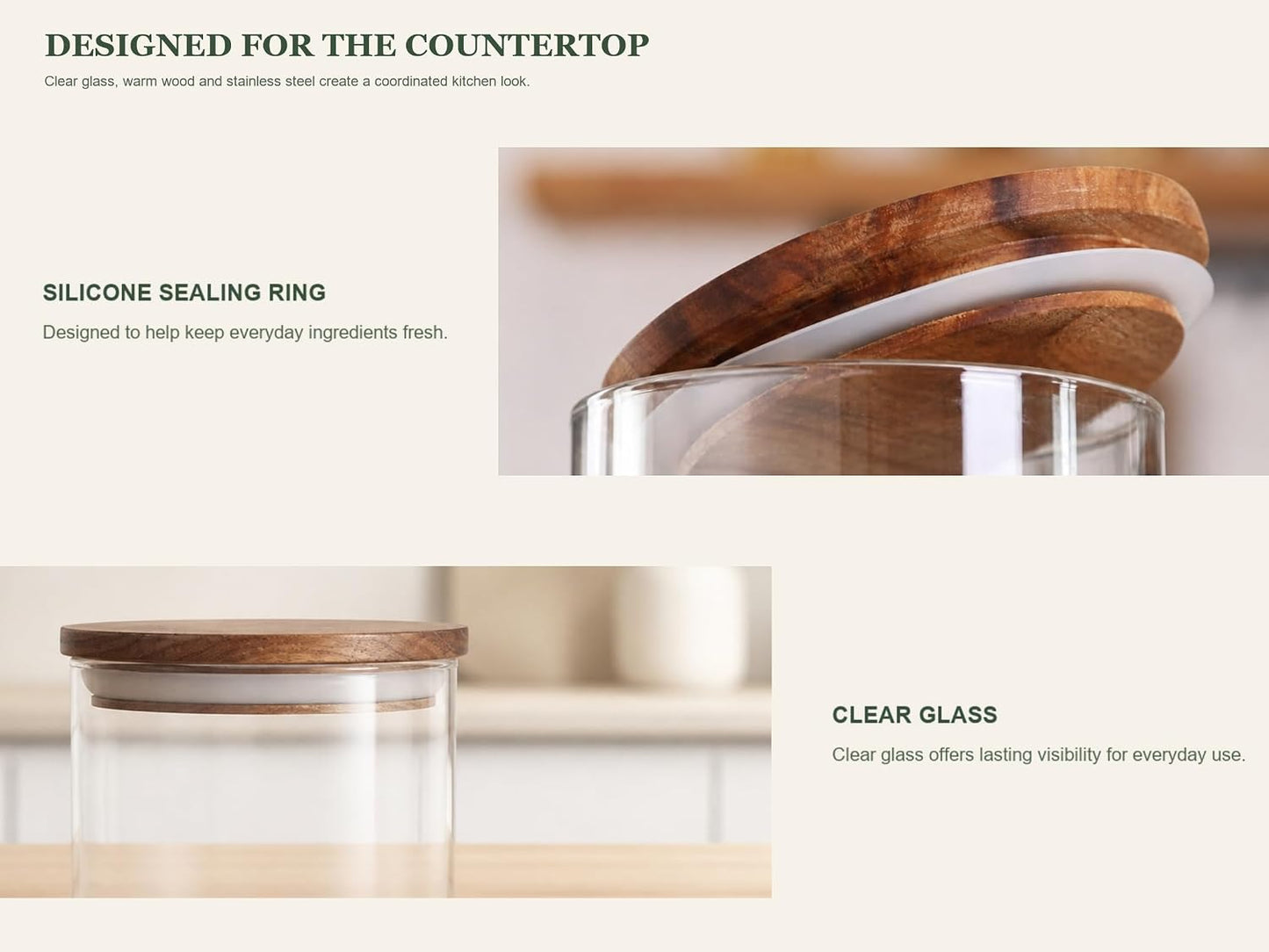 KKC HOME ACCENTS 18 oz Glass Seasoning Jars with Wood Lids, 2 Pack | Two wide-mouth glass jars, wood lids, bamboo holder and 1 tbsp scoop for kosher salt, spices and everyday seasoning.