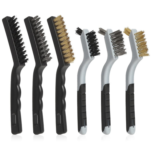 Wire Brushes Cleaning Set 6Pc, 9" and 7", Wire Brushes for Cleaning Welding Slag, Rust and Dust. Includes Brass, Nylon,