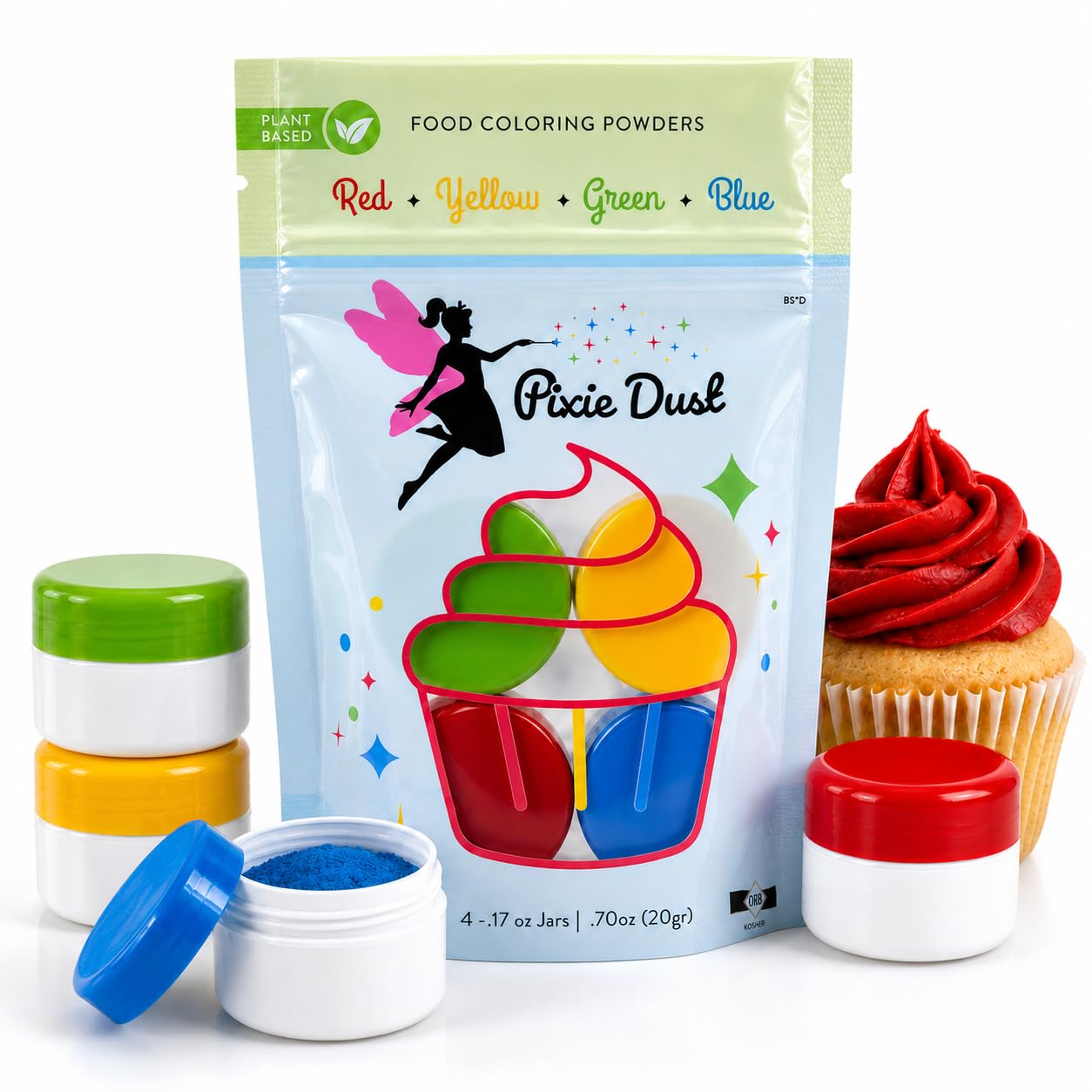 Pixie Dust Natural Food Coloring Powder, Red, Yellow, Blue &amp; Green Dye Free | Perfect for cake decorating, cookie frosting, icing &amp; drinks. Plant based, flavorless, kosher. Set of 4, 0.17 oz each.