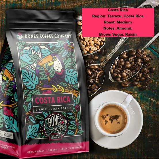 Bones Coffee Company Costa Rica Single-Origin, Cocoa, Nutty and Milk Chocolate Notes, Ground Coffee Beans, Low Acid Medium Roast Arabica Beans Flavored Coffee for Auto drip Coffee Maker, 12 oz Ground