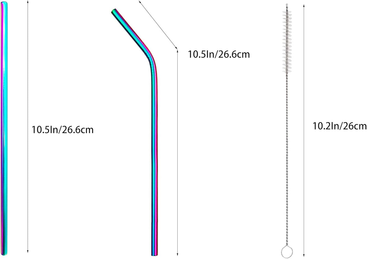 10 Pcs Stainless Steel Straws, Reusable Drinking Straws, 5 Straight + 5 Bent Metal Straws Set With 2 Pcs Cleaning Brushes (Colorful, 10.5 Inch)